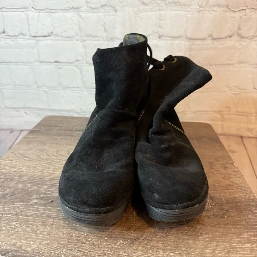 Fly London Yama Black Suede Wedge Ankle Boots size 41